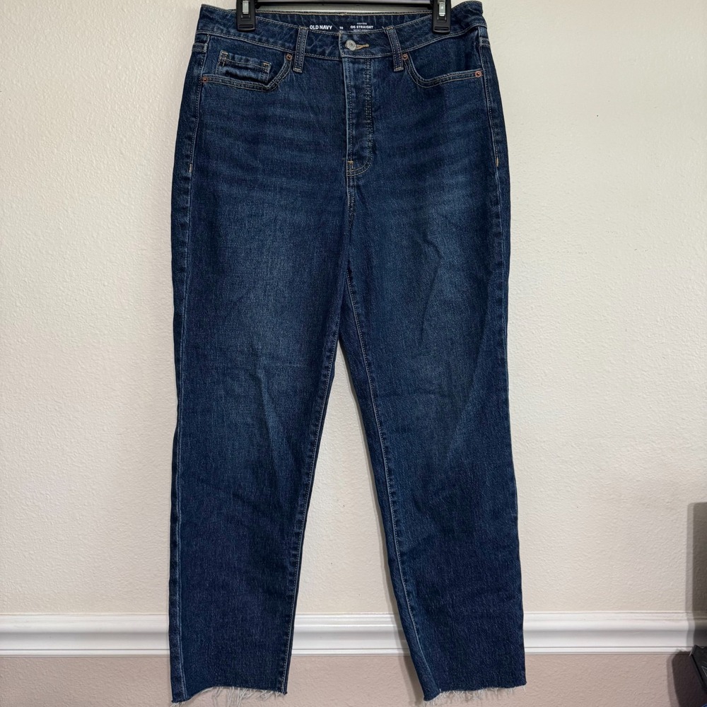 Old Navy OG Straight Jeans Women's 10 Blue Denim Stretch High-Rise Frayed Ankle‎
